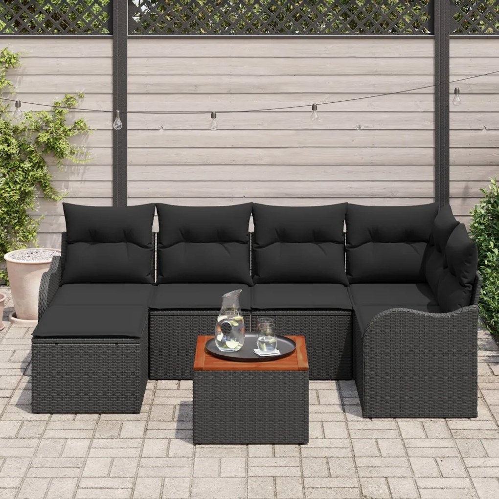 7 Darabos Kerti Sofa Szett Párnákkal Fekete Poli Rattan Akáciával, 2-Személyes Kerti Sofa Tárolóval &amp; Párnákkal Fekete Poli Rattan