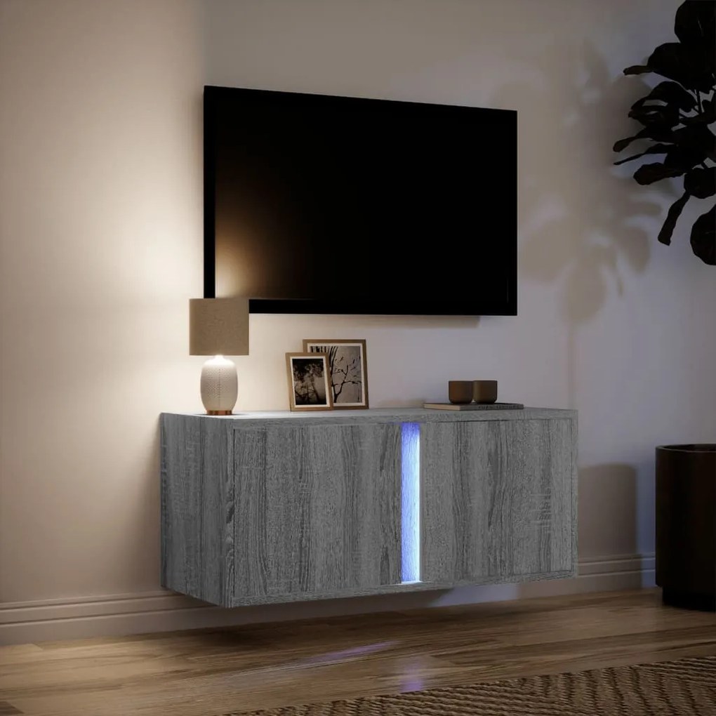 szürke sonoma színű fali TV-szekrény LED-del 80x31x35 cm