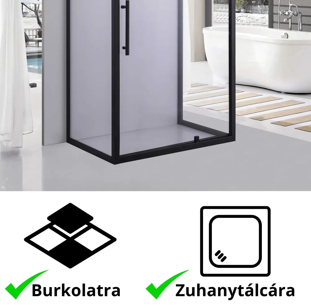 Stuxi Torino Black 100x70 falsíkra szerelhető 3 oldalú nyílóajtós zuhanykabin 6 mm vízlepergető biztonsági üveggel, fekete elemekkel, 200 cm magas