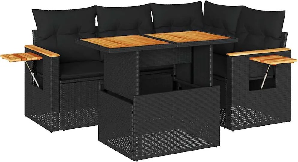 vidaXL 5 részes fekete polyrattan akácfa kerti kanapészett párnákkal