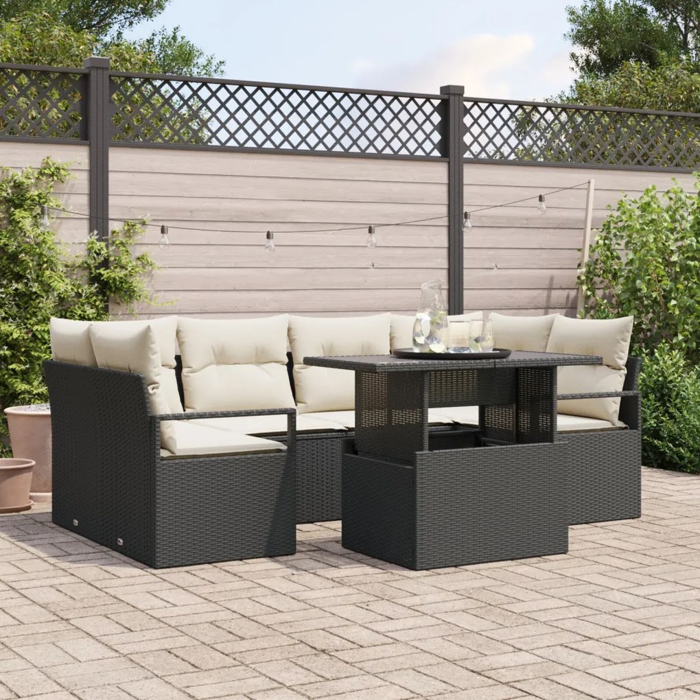 7 Részes Kerti Kanapé Szett Párnákkal Fekete Poly Rattan, 2-üléses Kerti Kanapé Párnákkal Fekete Poly Rattan