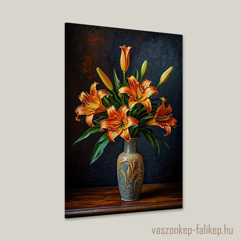 Narancssárga liliom csokor díszes vázában – Elegáns falikép 40x60cm