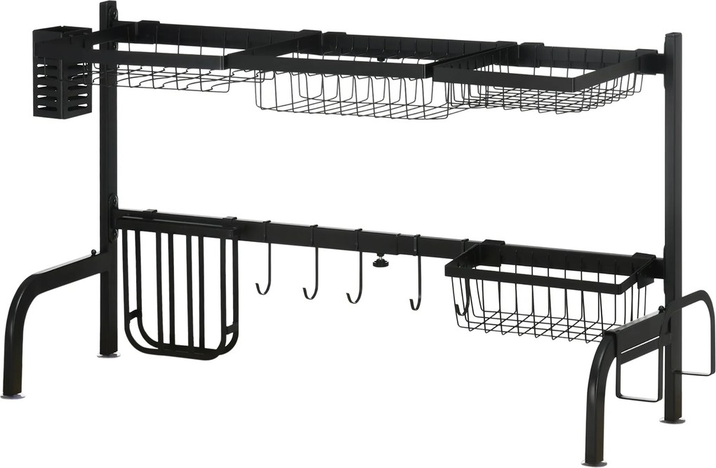 HOMCOM Edény Szárító Rack, 2-Színt Edény Szárító Állvány, 51-93 cm Edény Rack Kampókkal, Folyóka a Konyhai Mosogatóhoz, Acél, Fekete | Aosom