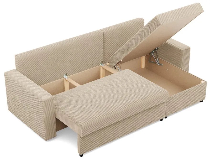 Zeus sarokkanapé, 2 ágyneműtartóval, egyenes kartámasz, kordbársony, univerzális oldal, hab töltet, bézs