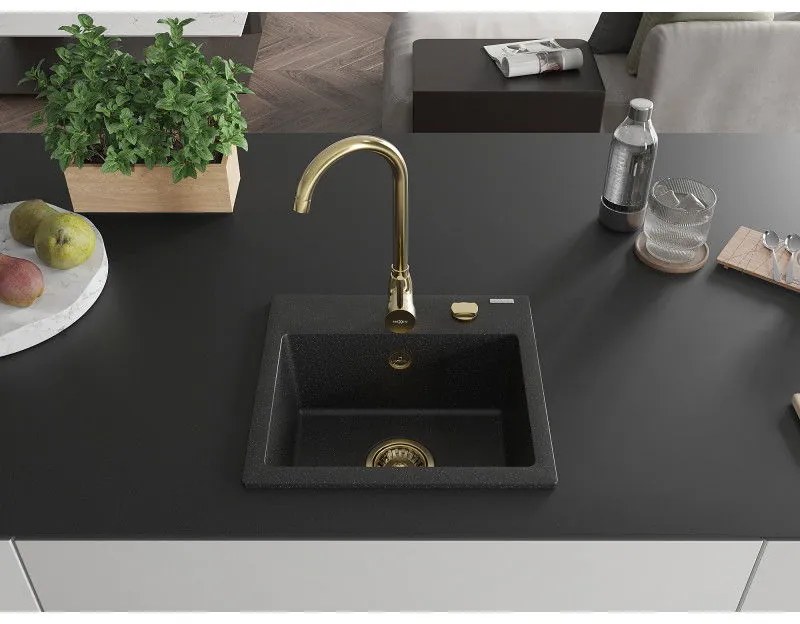 Mexen Milo, gránit mosogató 435x410x171 mm, 1 kamrás, fekete-ezüst metál arany szifonnal, 6505441000-73-G
