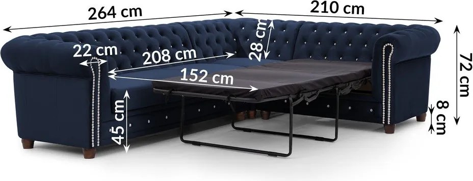 Kék bársony kinyitható sarokkanapé (jobb oldali-L alakú) York Blik – Ropez
