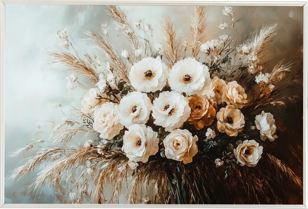 Poszter Keret Alumínium Dekoráció Csokor Virágok Fű Gabona Rózsa 60x40
