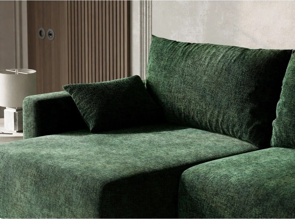 Sötétzöld zsenília kinyitható-tárolóhelyes sarokkanapé (bal oldali-heverő résszel) Leon – Maison de Rêve