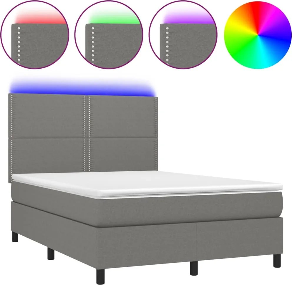 vidaXL sötétszürke szövet rugós és LED-es ágy matraccal 140x190 cm