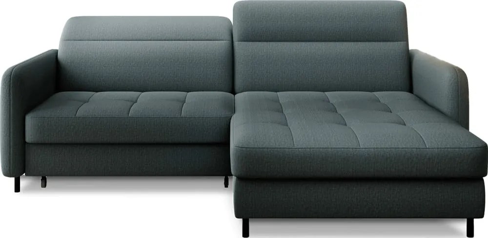 Szürkészöld bársony kinyitható-tárolóhelyes sarokkanapé (jobb oldali-heverő résszel) Gomsi – ELTAP