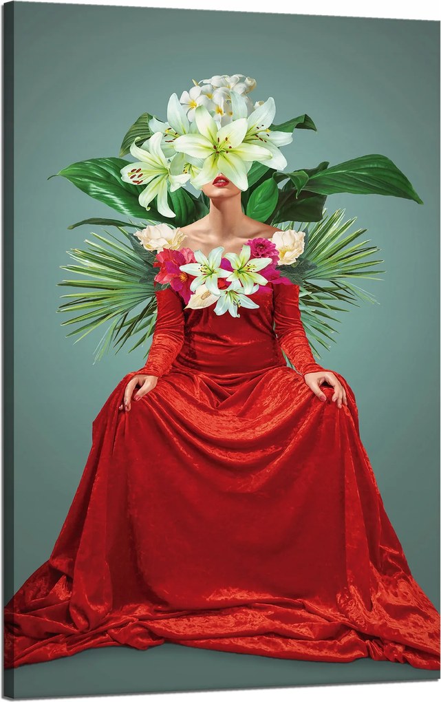Vászonkép Piros Ruha Nő Virágok 50x80 cm Ideális ajándék