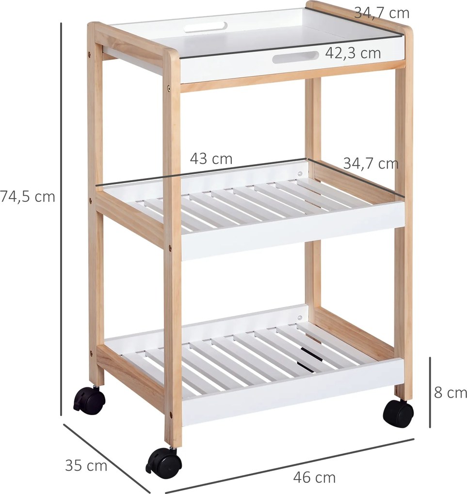 HOMCOM Konyhai Szolgáltató Kocsi Kerekekkel 2 Polc + Leszedhető Tálca Fenyőfa MDF Fehér | Aosom