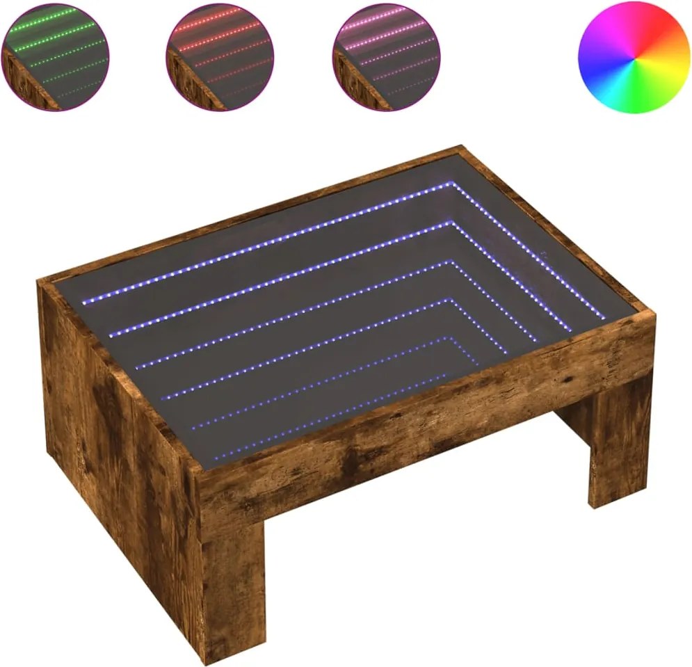 vidaXL füstös tölgy végtelen hatású LED-es dohányzóasztal 70x50x30 cm