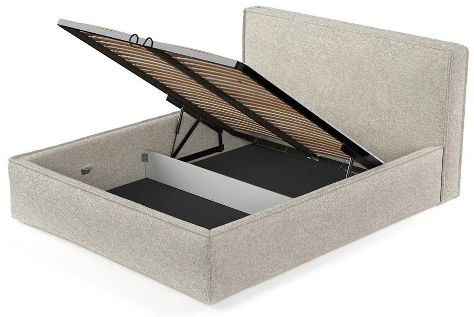 Világosszürke kárpitozott ágyneműtartós franciaágy ágyráccsal 200x200 cm Lounge L – Maison de Rêve