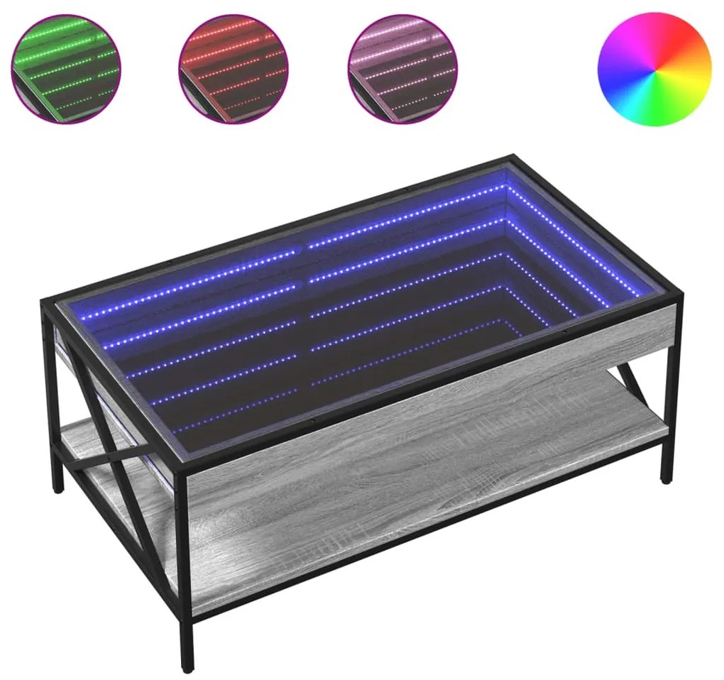 Szürke sonoma végtelen hatású LED-es dohányzóasztal 90x50x38 cm