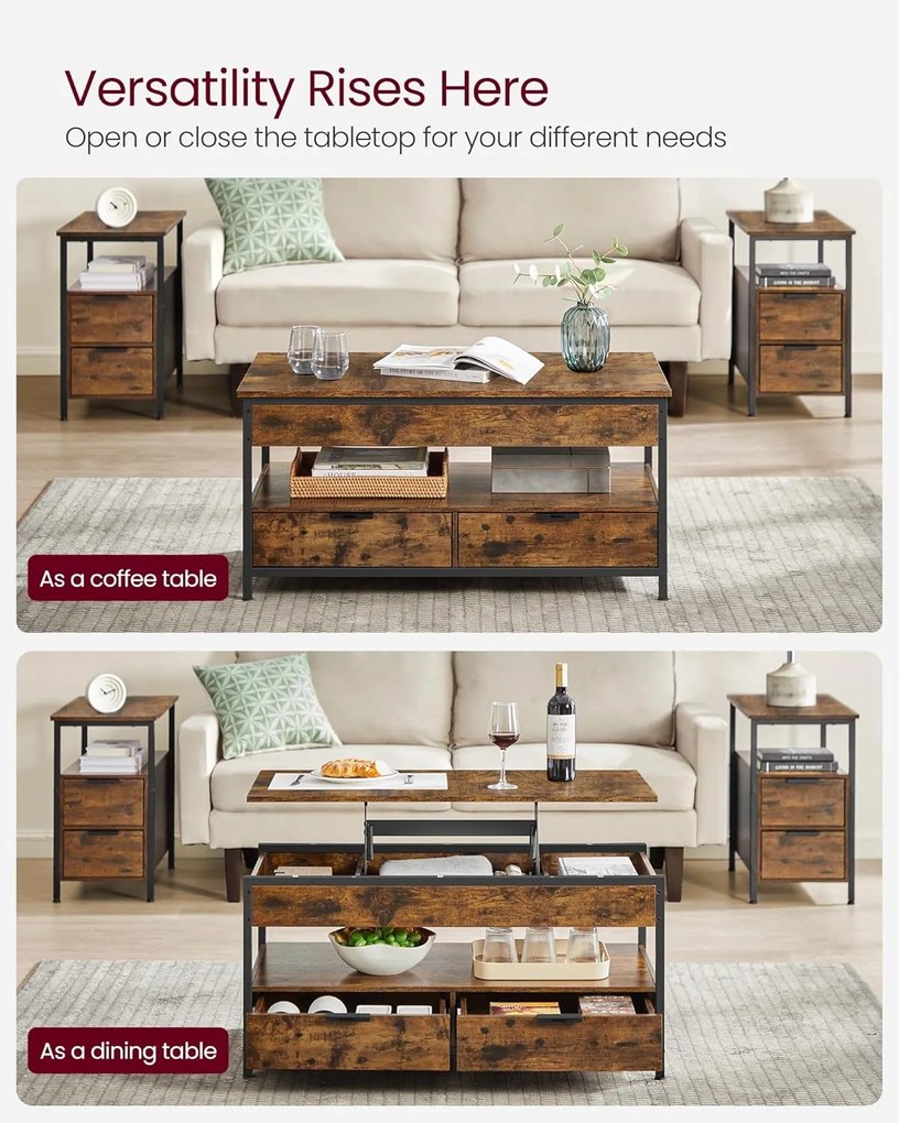 Felnyitható fedelű dohányzóasztal rusztikus barna és tintafekete színben