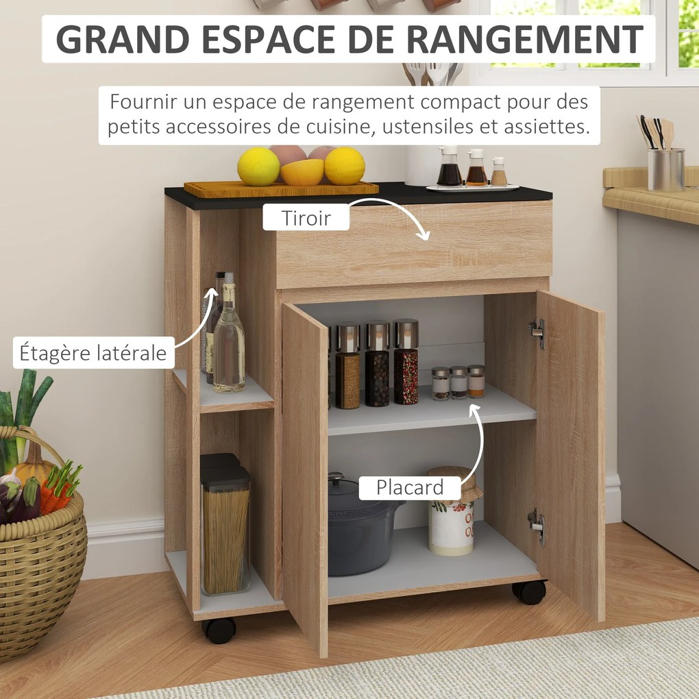 HOMCOM Konyhai Szolgáltató Kocsi Kerekekkel, Többrekeszes, Kétszárnyú Szekrény + 2 Polc + Fiók, Forgácslap Tölgy Fekete | Aosom