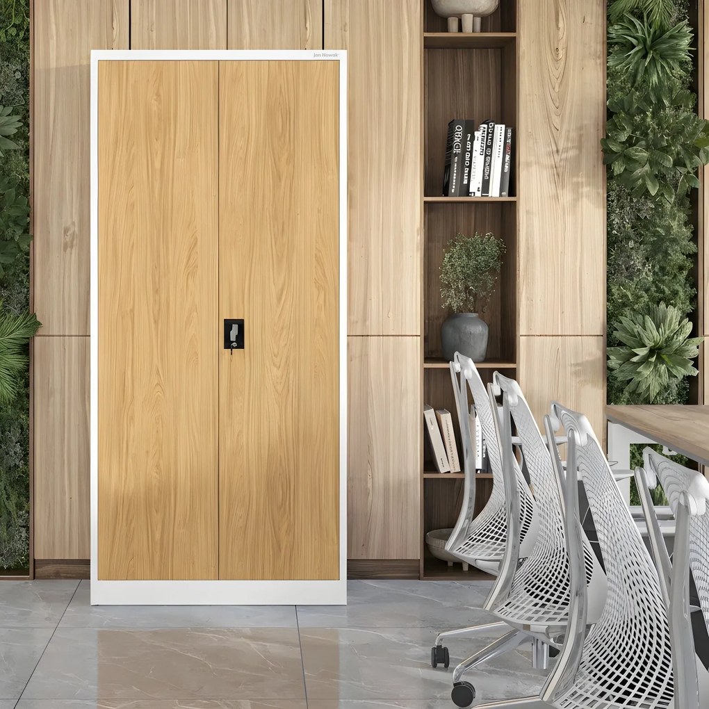 Magas fém irodai iratszekrény, fehér/arany tölgy, 900x1950x400 mm: JAN H Eco Design