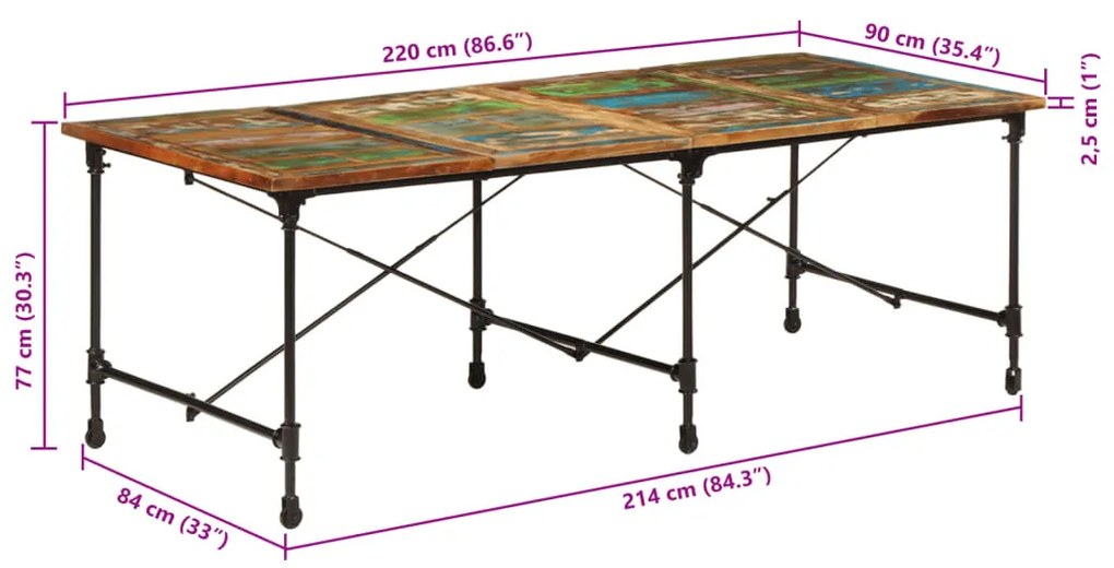 tömör újrahasznosított fa étkezőasztal 220 x 90 x 77 cm