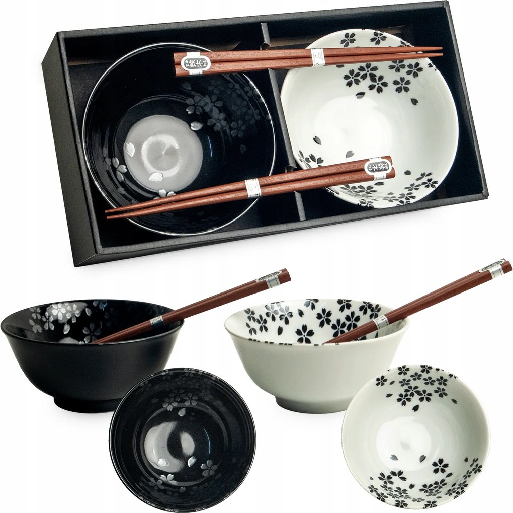Fehér-Fekete Keleti Tál Szett 15cm pálcikákkal Virág mintával Edo