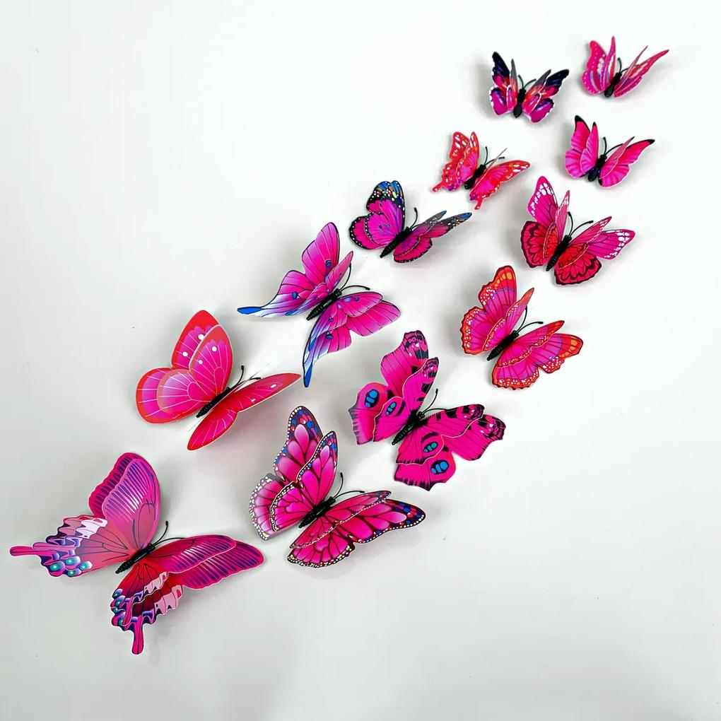 PIPPER | Falmatrica "Reális műanyag 3D pillangók, dupla szárnyakkal - rózsaszín" 12db 6-12 cm