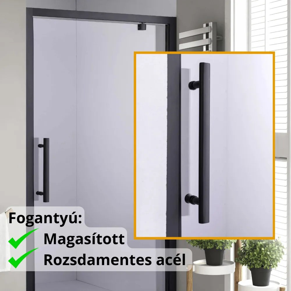 Stuxi Torino Black 110 cm széles nyílóajtós zuhanyajtó 6 mm vastag vízlepergető biztonsági üveggel, fekete elemekkel, 200 cm magas
