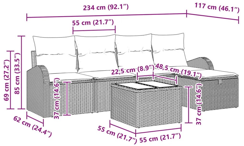 6 darabos kertiszófa szett párnákkal, világosszürke poli rattan