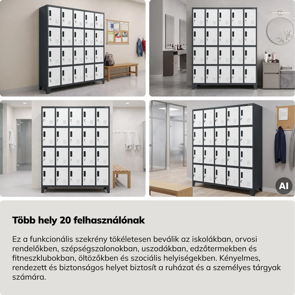 20 rekeszes öltözőszekrény lábakon, antracit-fehér, 1360x1720x450 mm: ROBERT