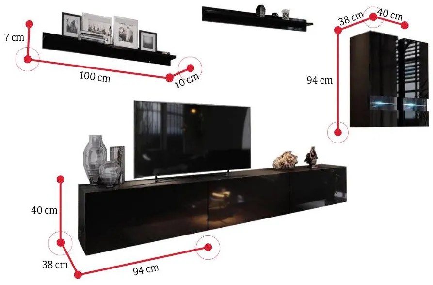 BOX 1 nappali fal összeállítás + LED,fekete/magasfényű fekete