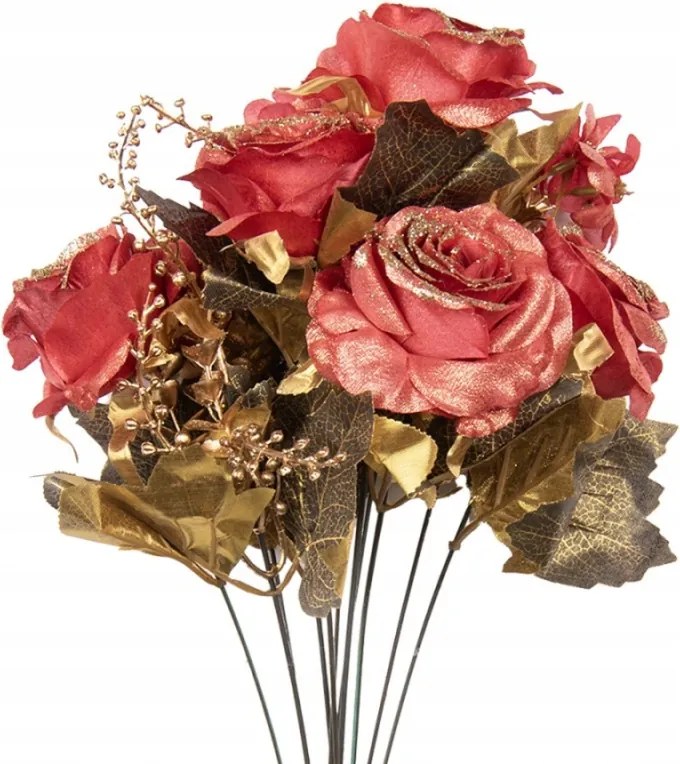 Mesterséges vörös rózsa csokor arany díszítéssel 50 cm