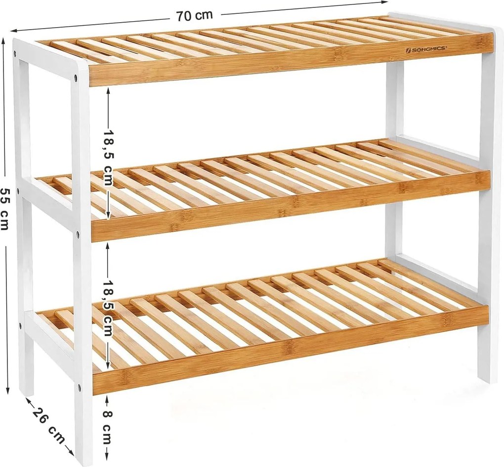 Cipőtartó, 3 szintes bambusz polc, tároló polc 70 x 26 x 55 cm