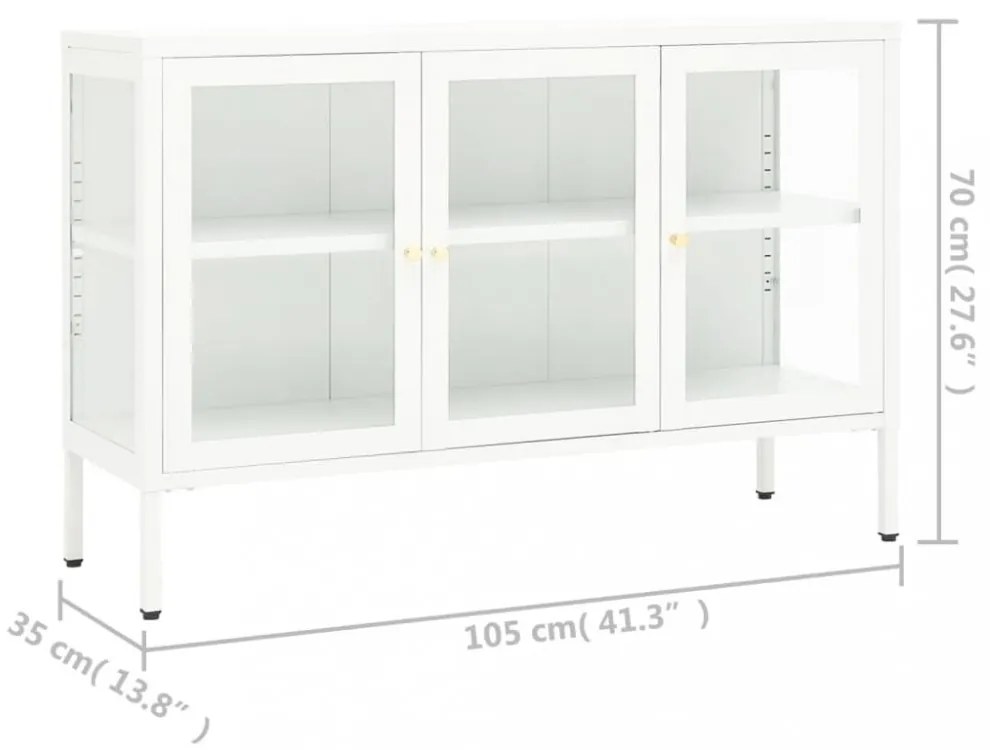 fehér acél és üveg tálalószekrény 105 x 35 x 70 cm