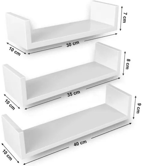 Fali polc 3 db-os szett, 30/35/40 cm, magasfényű fehér