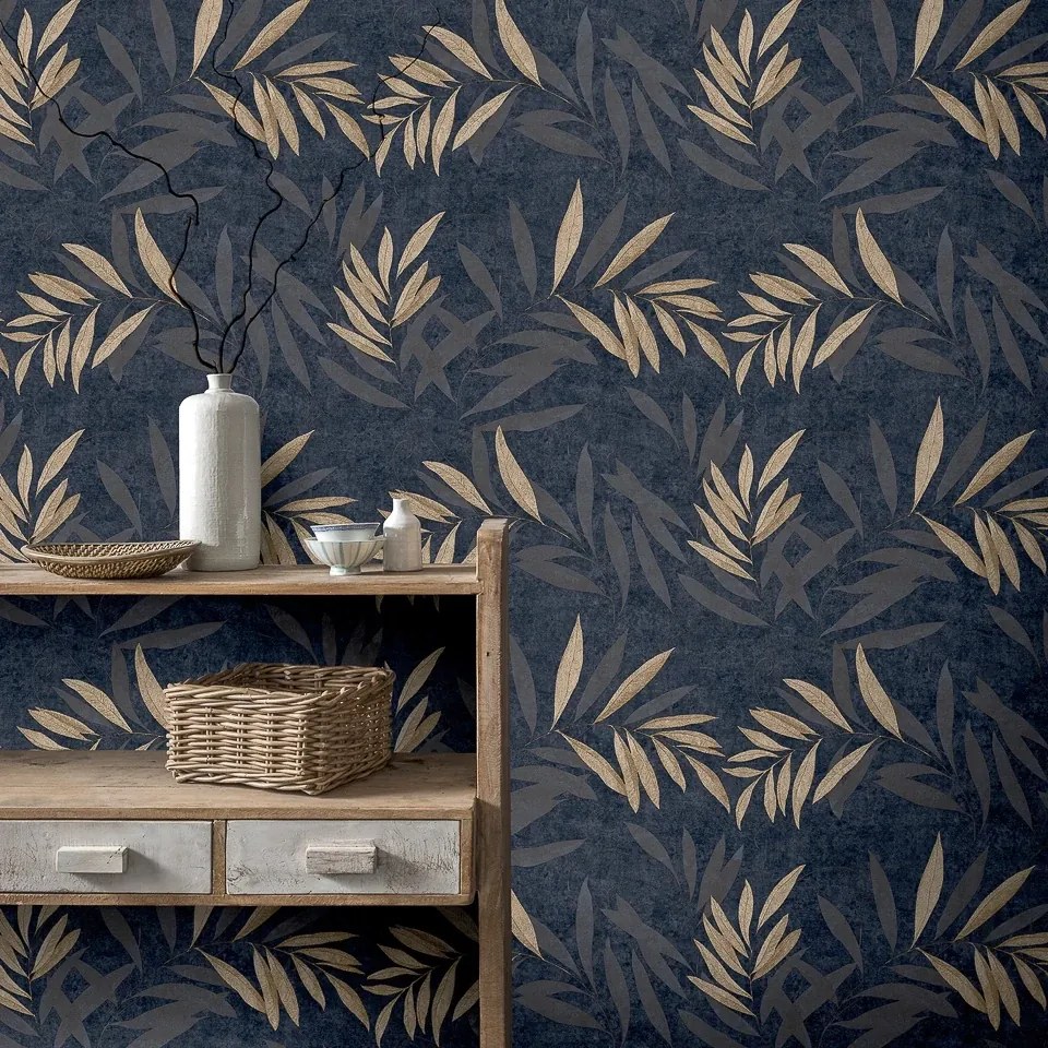 Arthouse Signature 1 Luxury Leaf arany-sötétkék leveles vlies tapéta – 299301