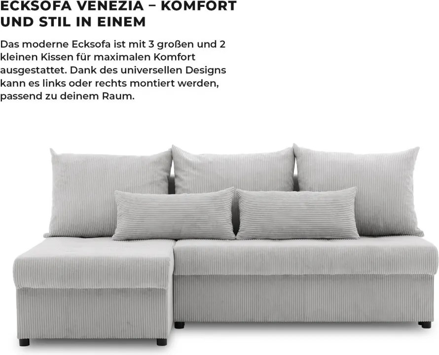 Venezia sarokkanapé, 3 ágyneműtartóval, kordbársony, univerzális oldal, hab töltet, szürke