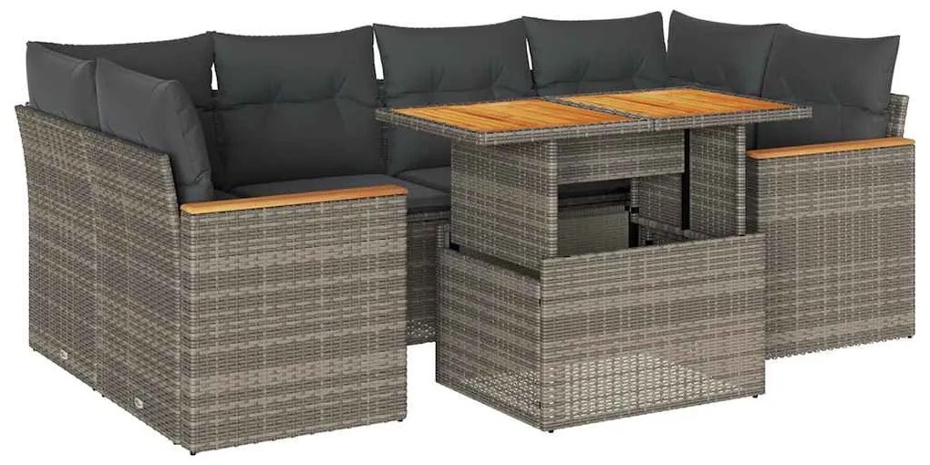 6 részes szürke polyrattan akácfa kerti ülőgarnitúra párnákkal