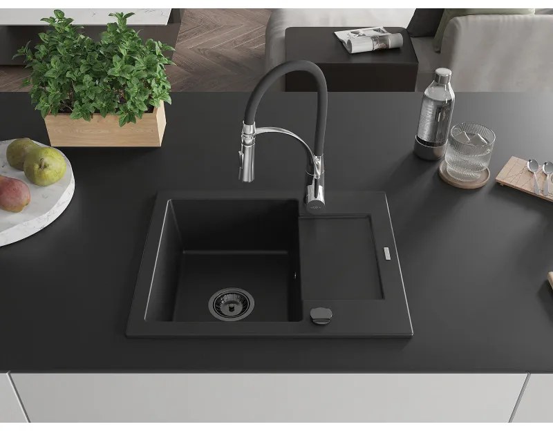 Mexen Enzo, 1 kamrás gránit mosogató 576x465x174 mm és Aster mosogató csaptelep, fekete, 6506-77-73450-07-B