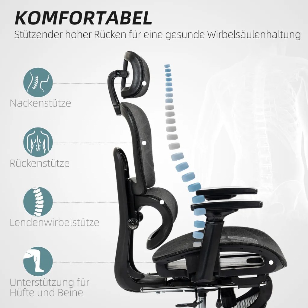 HOMCOM Ergonomikus irodai szék, hálós szövettel, állítható 3D, karfákkal és fejtámlával, fekete