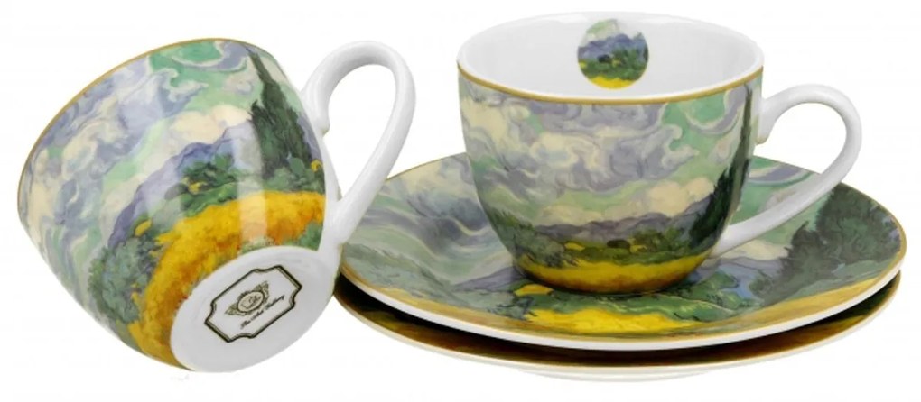 Porcelán eszpresszó kávés csésze aljjal 2 db szett Van Gogh Búzaföld ciprusokkal