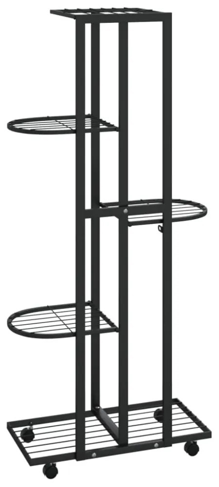 5-szintes fekete vas virágtartó állvány kerekekkel 44x23x100 cm
