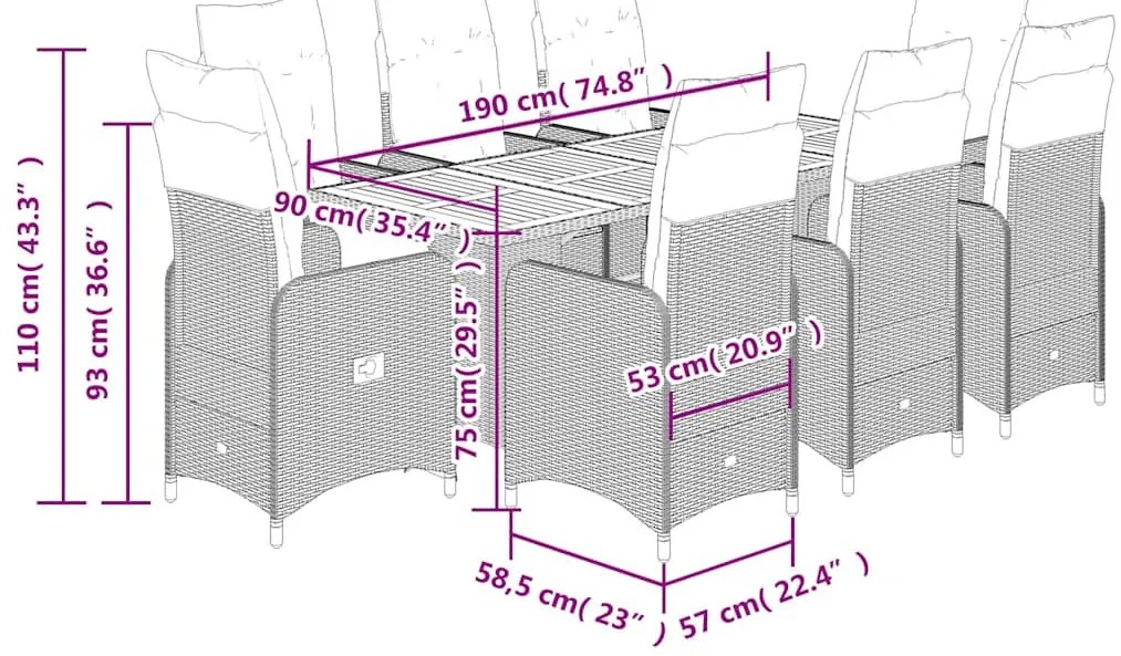 9 részes fekete polyrattan kerti bisztrógarnitúra párnákkal