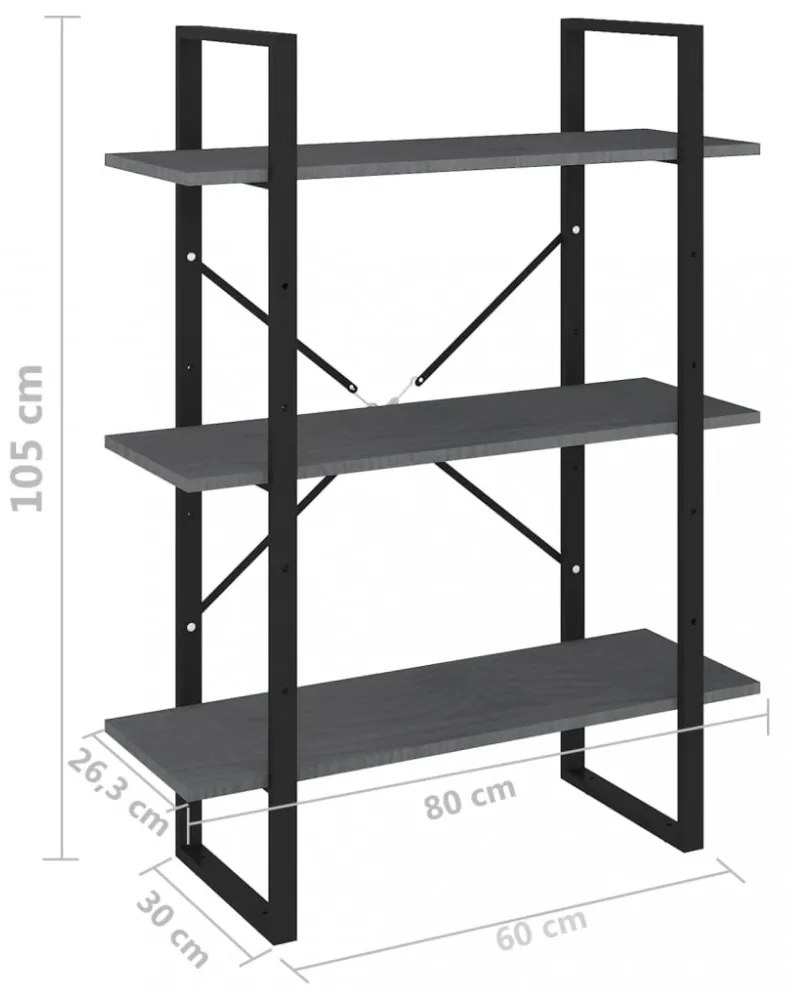háromszintes szürke tömör fenyőfa könyvszekrény 80x30x105 cm