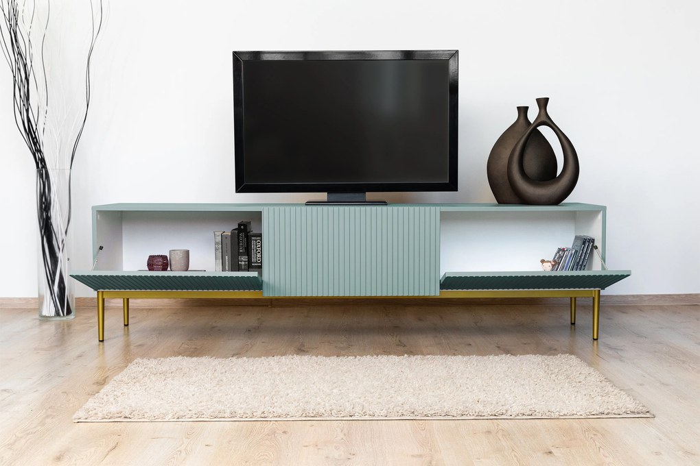 Nicole 200 cm-es TV-szekrény - zsálya MDF/ arany lábak