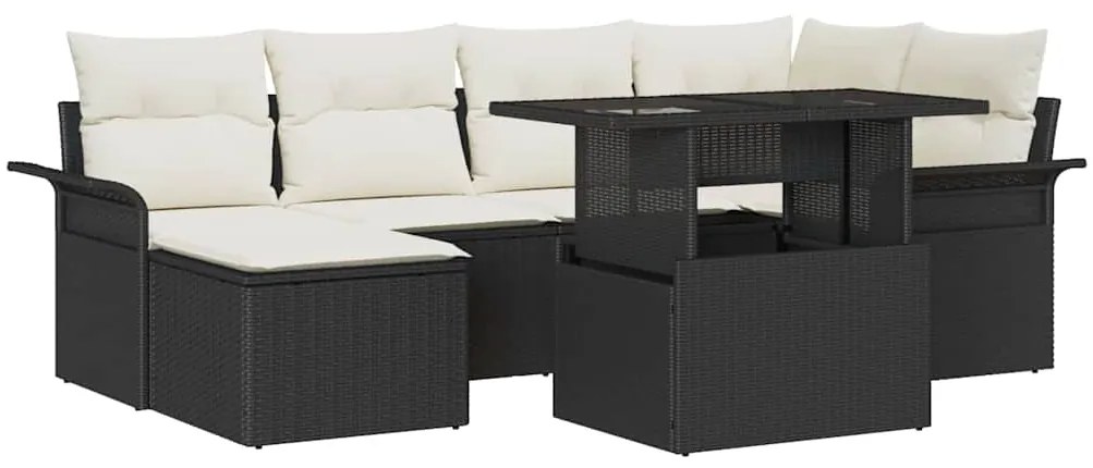 vidaXL Kerti Kanapé Szett párnával tárolóval 7 pcs Fekete Poli rattan