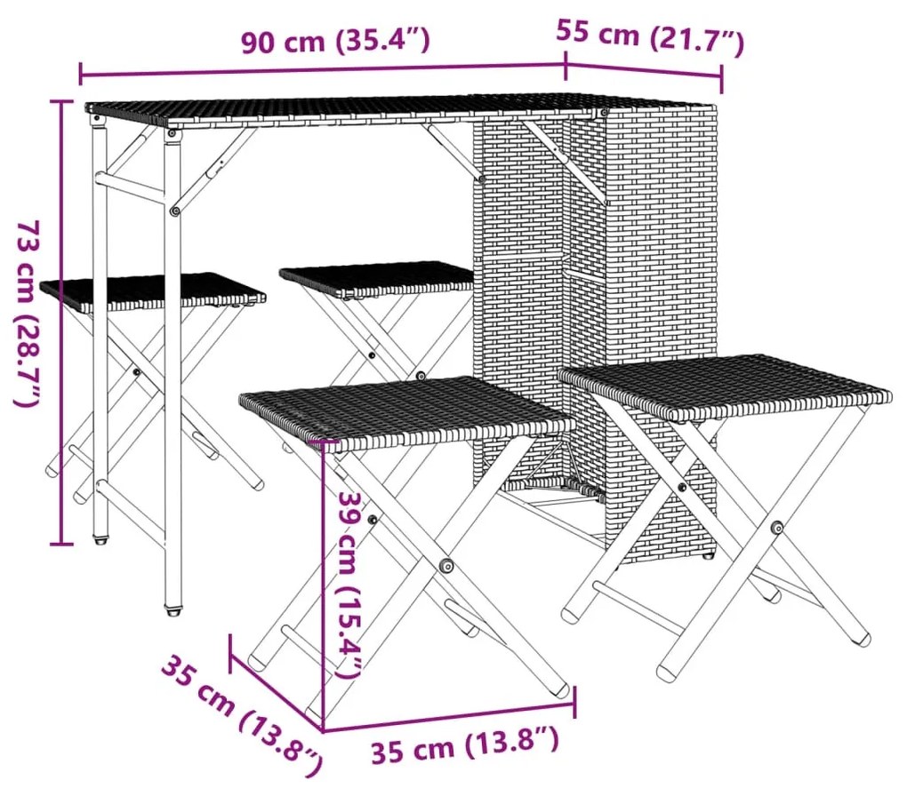 5 részes bézs polyrattan összecsukható kerti étkezőgarnitúra