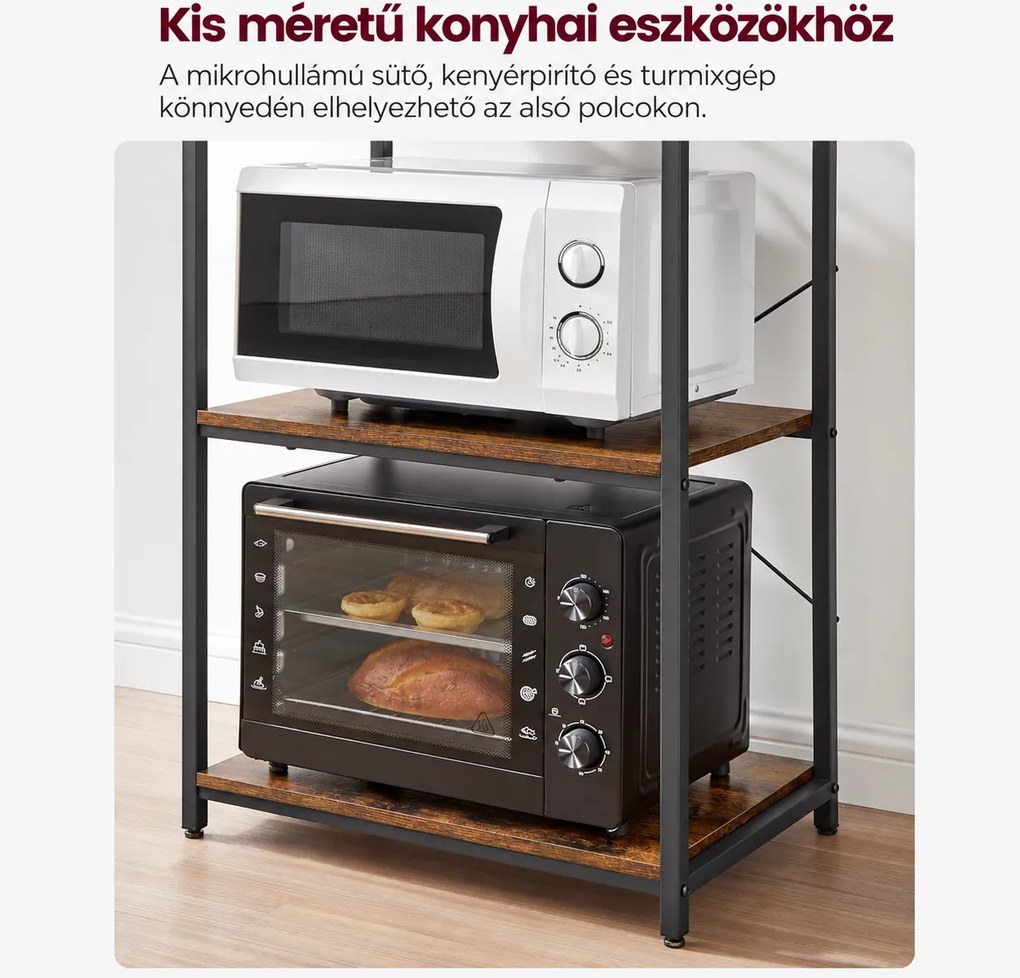 Konyhai állópolc 6 polccal és 6 S-kampóval, mikrohullámú sütőhöz és kávéfőzőhöz, 60 x 40 x 167 cm, rusztikus barna/fekete