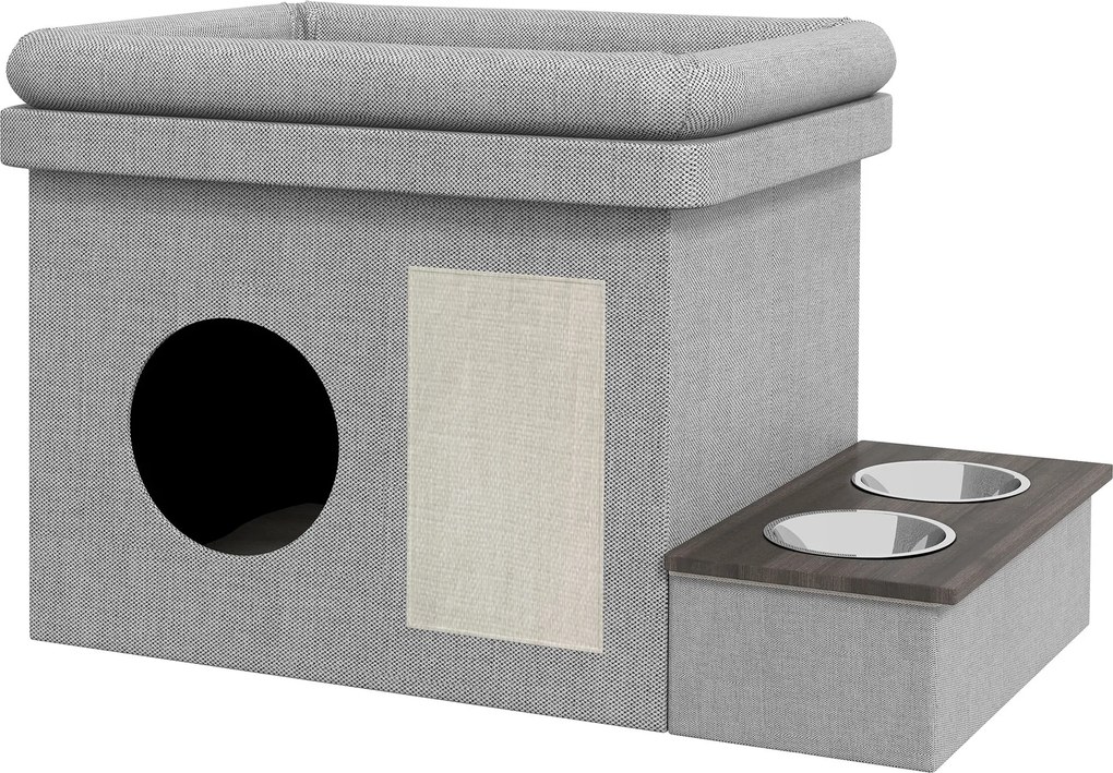 PawHut Macska Barlang, Macska Háza, Macska Fészek 2 Rozsdamentes Acél Tálkával, Macska Ágy Párnával, Kaparó Pad, Kutyaház Macskáknak és Kutyáknak 8 kg