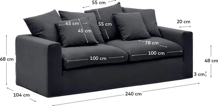 Antracitszürke len kanapé 240 cm Nora – Kave Home
