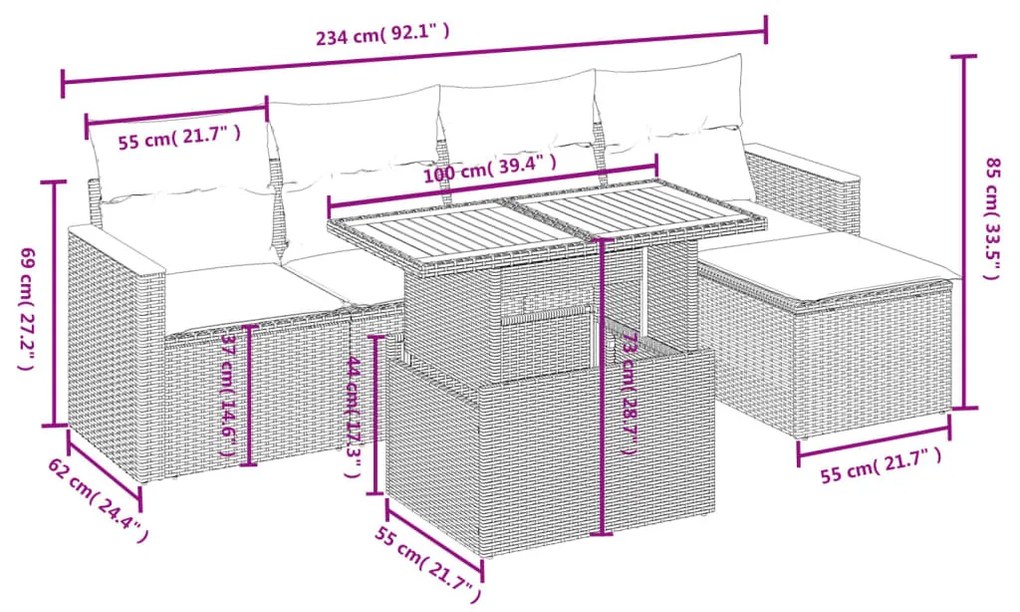 6 részes szürke polyrattan kerti ülőgarnitúra párnákkal