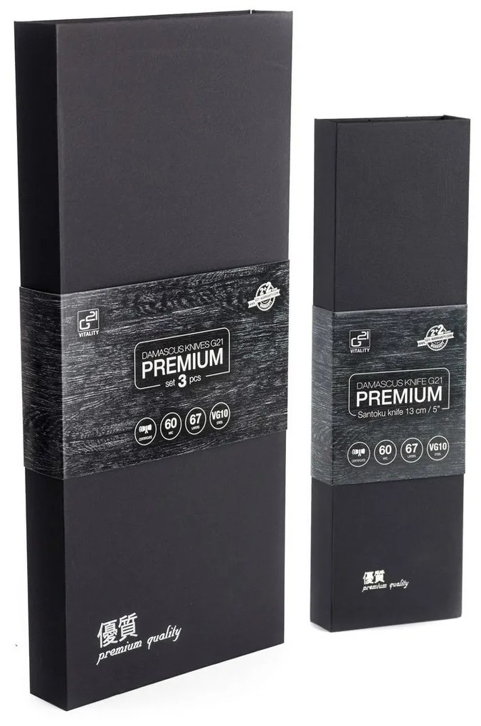 G21 Damascus Premium késkészlet bambusz blokkban, 4 db + élezőkő